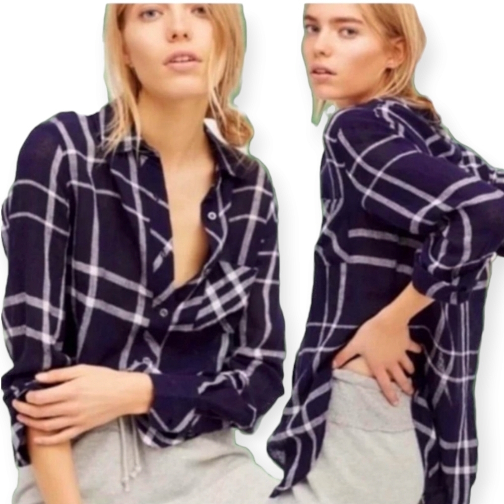Free People x Rails Charli Linen Plaid Button Up Rounded Hem Navy White Small
